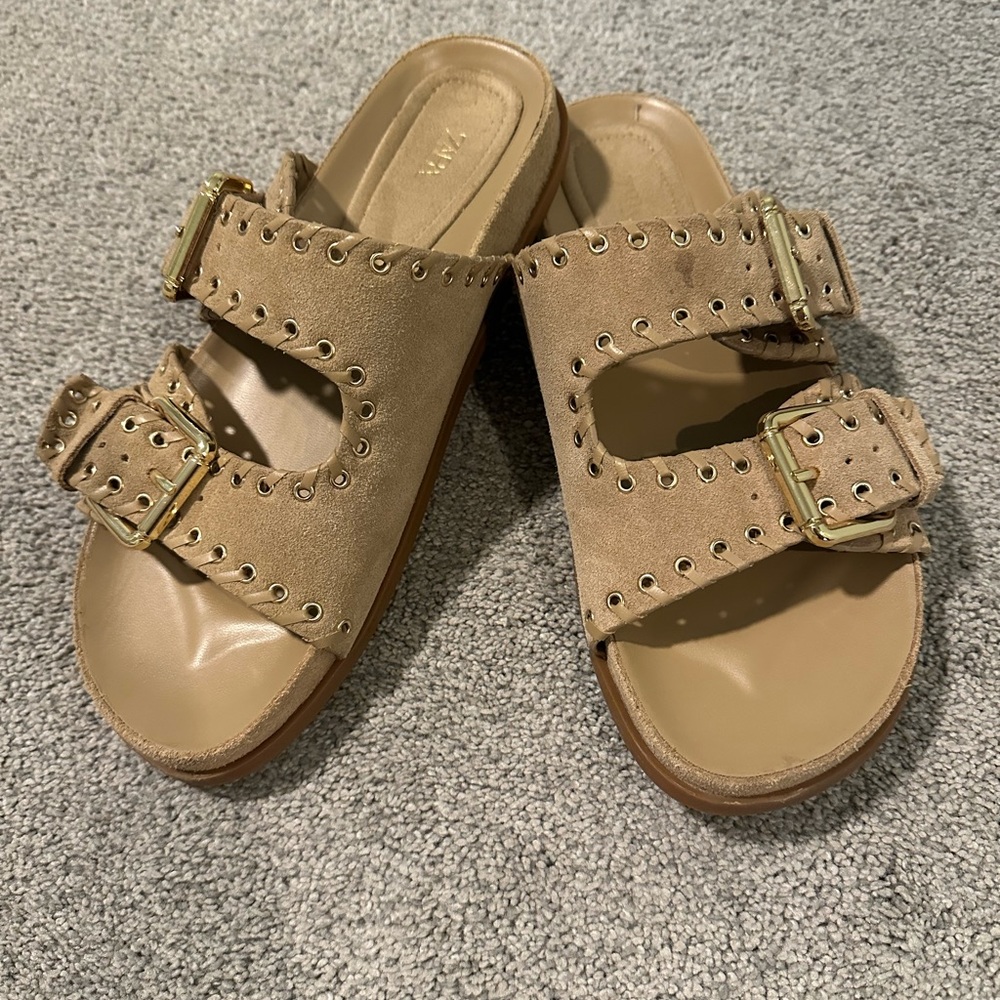 Zara Beige Sandals with Gold Buckles